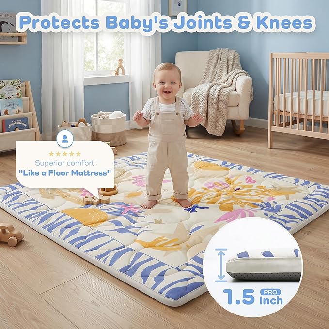 1.5" Thicker Baby Play Mat for Floor, 50x50 Removable & Machine Washable Cover Playpen Mat Softness Foam Mats, Easy-Clean Hygienic, Comfort Safety Kids Crawling (Undersea Corals)