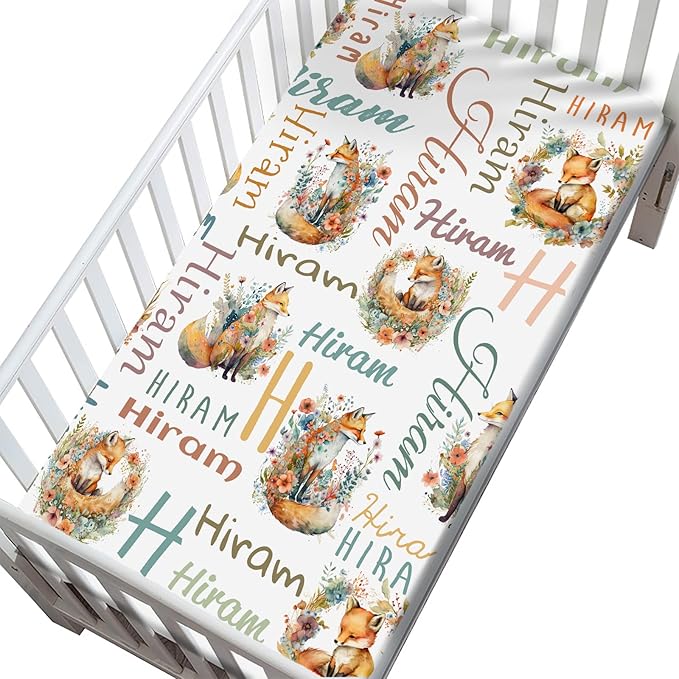 Personalized Name Pack and Play Sheets for Baby Girls Boys, Customized Stretchy Pack n Play Sheets with Name, Custom Cute Fox Mini Crib Mattress Sheets, Soft Breathable Playard Sheets Playpen Sheet