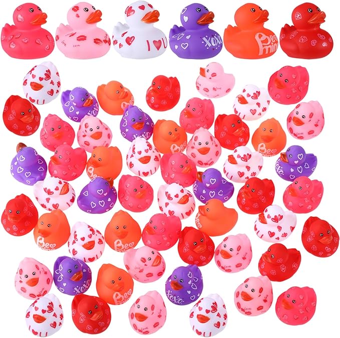 Jerify 12 Pcs 2 Inch Valentine's Day Rubber Duckies Bulk Mini Heart Rubber Ducks for Kids Bathtub Toys Classroom Prizes Birthday Wedding Party Favors Gifts Goodie Bag Fillers, 6 Styles (Colorful)