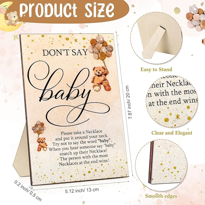 Wesiti 51 Pcs Cool Baby Shower Game Wooden Sign Gift Sets 50 Baby Shower Pacifiers Necklace Acrylic Pacifier for Gender Reveal Party Favor(Bear,Brown)