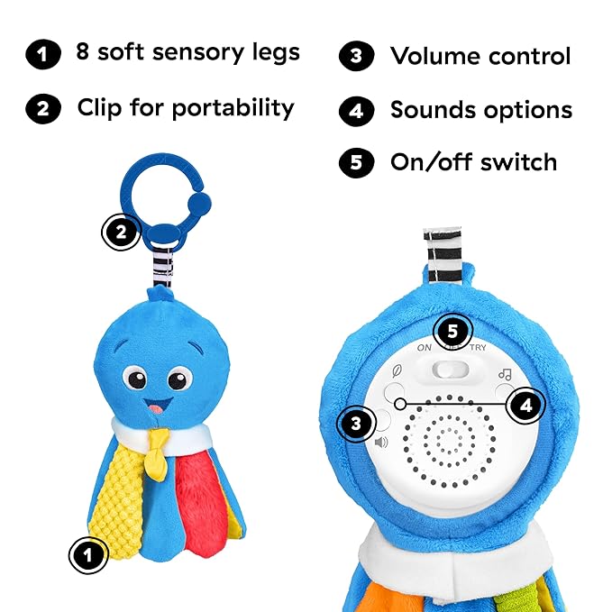 Baby Einstein Take Along Opus Octopus Soother, Portable Musical Sensory Toy with Stroller Clip, 20 Melodies and Calming Sounds for Newborn Baby, Plush Travel Toy 0-36 Months
