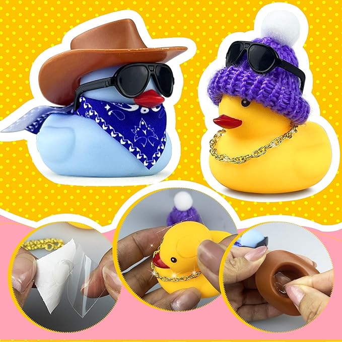 16Set 64PCS Mini Duck Toys Bulk Decoration with Hat Scarf Necklace Sunglasses Cute Tiny Duck Figurines for Kids Teens Birthday Baby Shower Swimming Pool Party Favors Classroom Prizes
