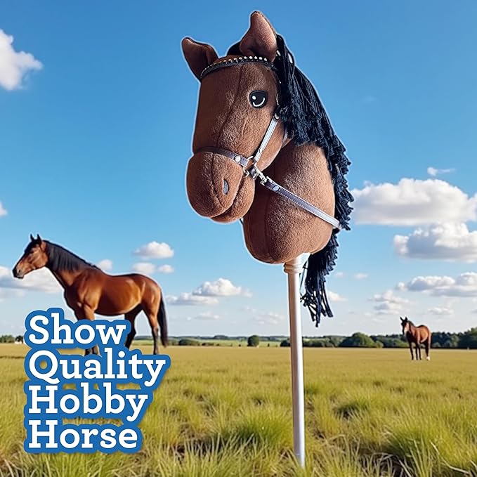 Playful Minds Large Hobby Horse for Kids and Adults – Show Quality with Rhinestone Studded Bridle, Removable Reins, and Long Mane – Plush Handmade Tournament Stick Horse (Bay (Brown))