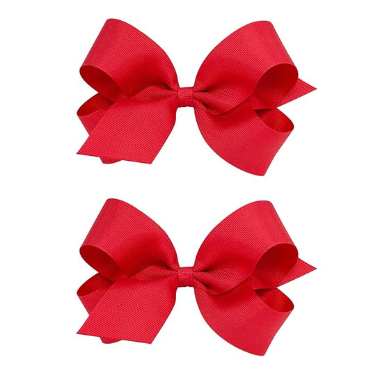 Wee Ones Girls 2 Pack Grosgrain Hair Bows with Plain Wrap Centre on a Wee Stay No Slip Clip, Large, Red