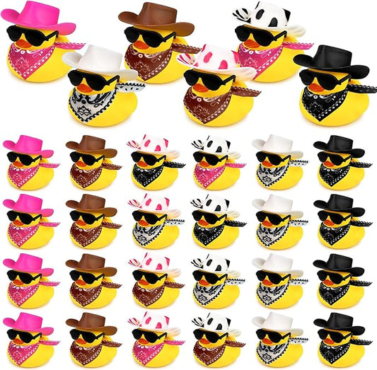 24 Sets Disco Cowboy Rubber Ducks with Scarf Hat and Sunglasses Mini Bath Duck Toys for Birthday Swimming Party Gift Favor Decorations