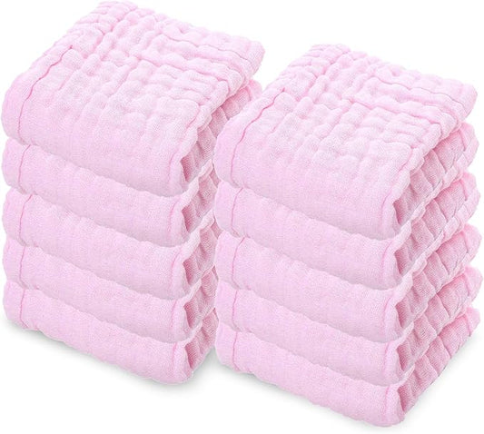 10 Pack Soft Muslin Unisex Baby Washcloths for Daily Use, 100% Cotton Set for Delicate Skin. Soft and Super Absorbent, Newborn Baby Essentials and Baby Registry,12x12 Inches (Pink)