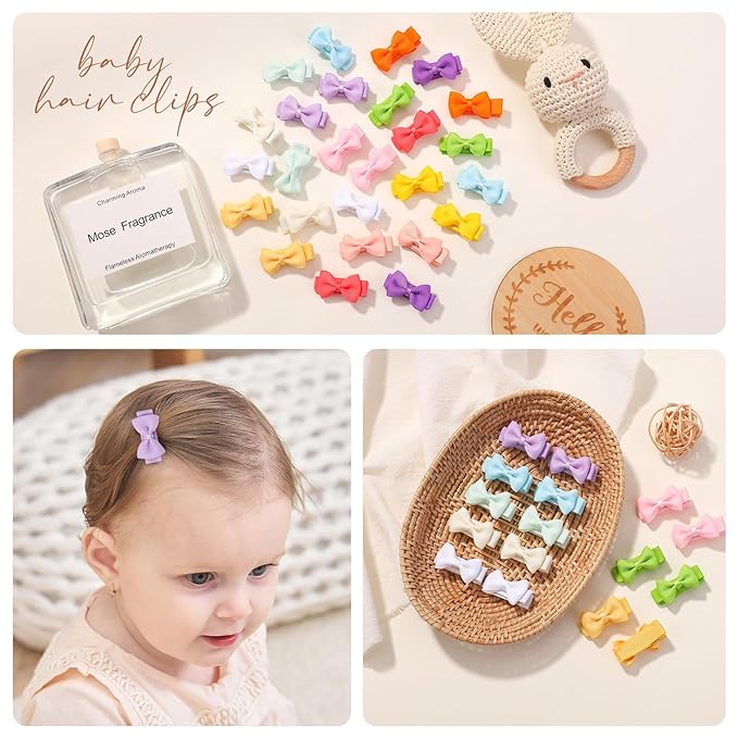 Fully Lined Grosgrain Ribbon Mini Hair Clips and Bows for Girls - 1.2" Tiny Hair Clips and Bows for Infants' Fine Hair (25 Color Pairs, 50 Pieces)