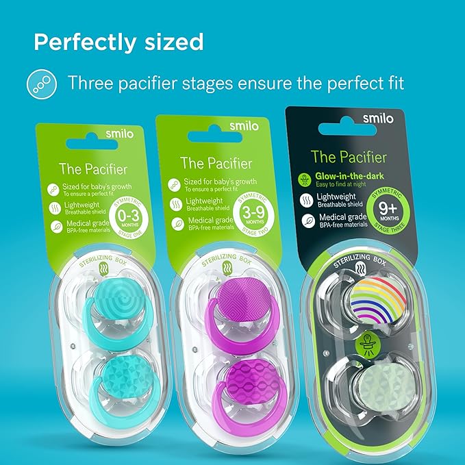 Smilo Baby Pacifier - 2 Pack of Slimline Pacifiers for Babies with Sterilization Box - Stage 1 for Babies 0-3 Months - 100% Silicone Newborn Pacifiers BPA Free - Plum Purple