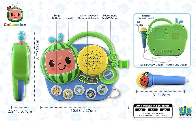 EKids Cocomelon Toy Singalong Boombox with Microphone for Toddlers and Young Children, Built-in Music and Flashing Lights, for Fans of Cocomelon Toys and Gifts