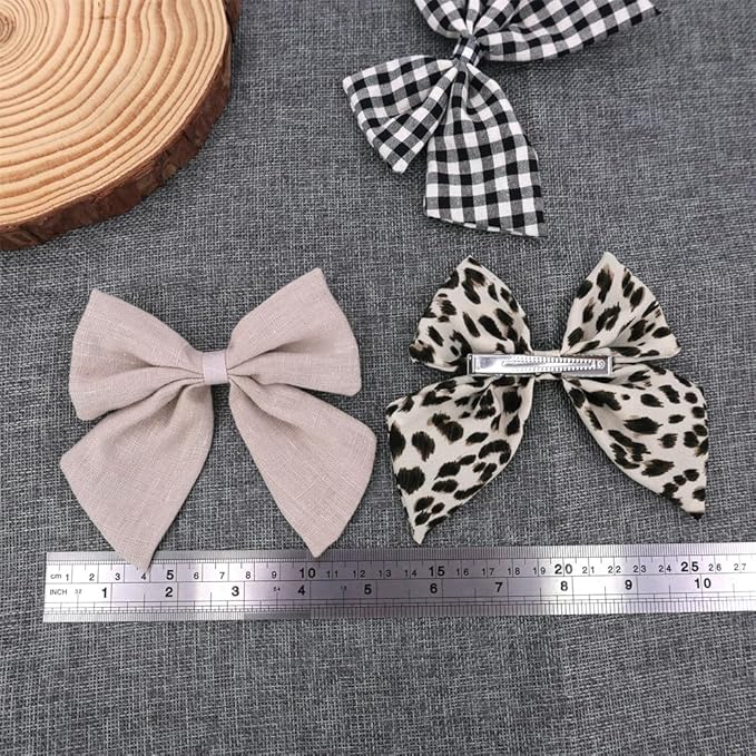 4 PCS Sailor Bow Hair Clips for Kids Girls Women Linen cotton Hair Bow Alligator Clips Baby Toddler Girl Mom Hair Accessories (Leopard/Beige)