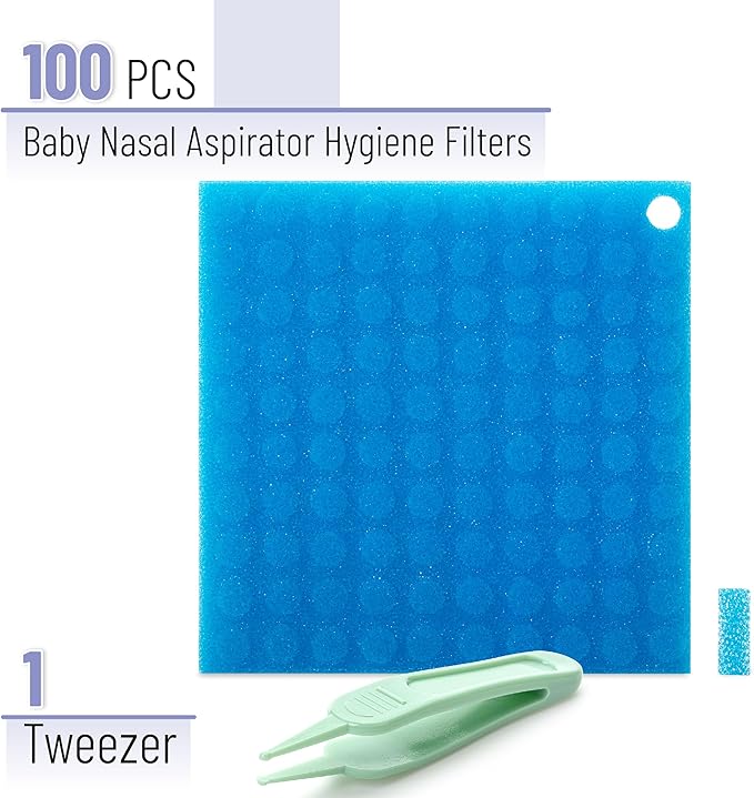 Baby Nasal Aspirator Hygiene Filters with Tweezer, 100 Pack, Nasal Suction Filters for Babies