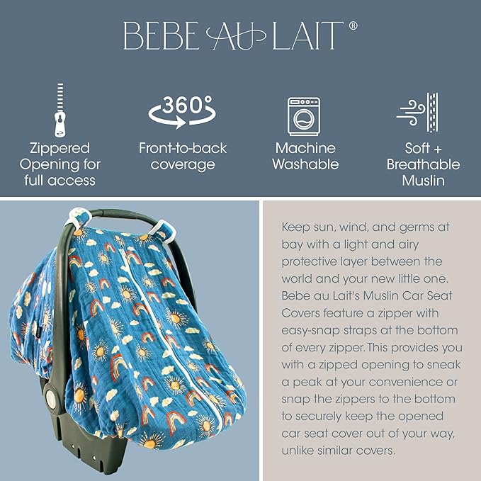 Bebe au Lait Classic Muslin Car Seat Cover -Perfect Baby Car Seat Covers for Babies, Car Seat Canopy, Unisex Baby Car Seat Cover- Easy Snap Straps, Fully Zippered Opening, Breathable- Hello Sunshine