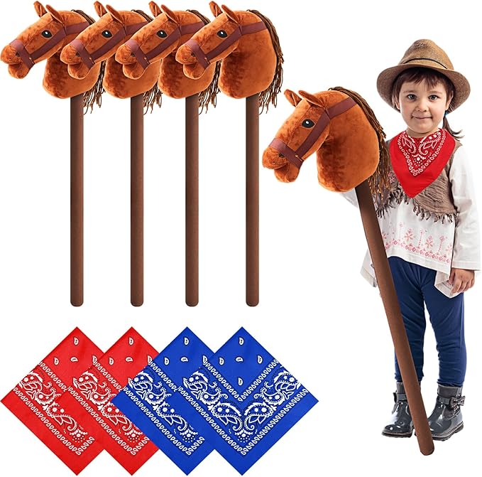 Poen 4 Pack Light Brown Horse Stick with Sound Red and Blue Bandana Set 27.6'' Toys Stick Horse Western Cowboy Bandana with Neighing Sound for Boys Girls Fun Pretend Games(Dark Brown)