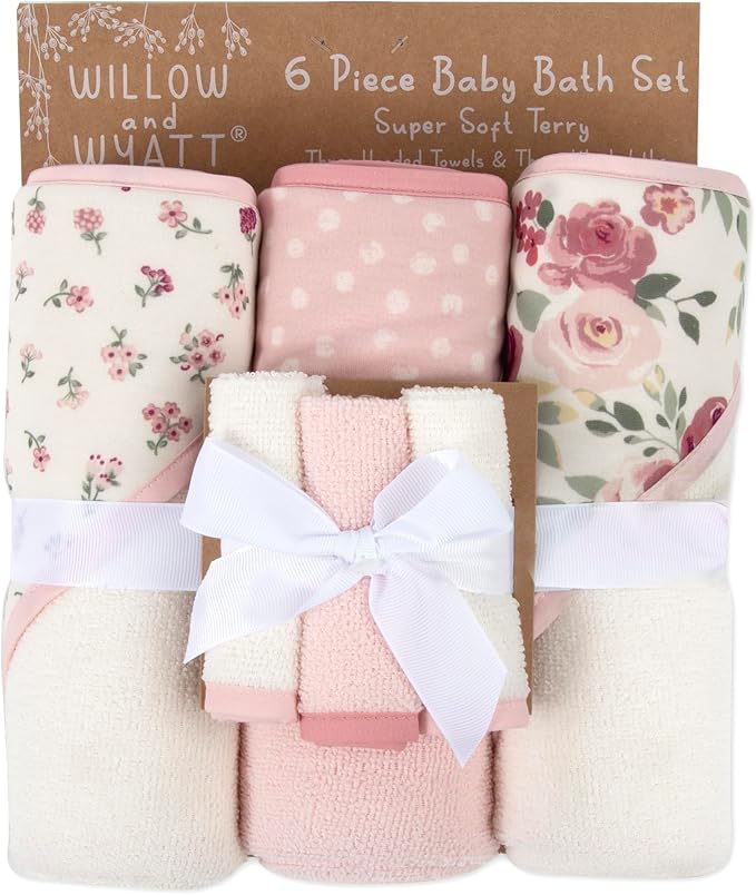 Hooded Baby Bath Towel and Washcloth 6 Piece Set for Newborns, Infants & Toddlers, Boys & Girls Baby Hooded Towels Set (Roses & Blossoms)