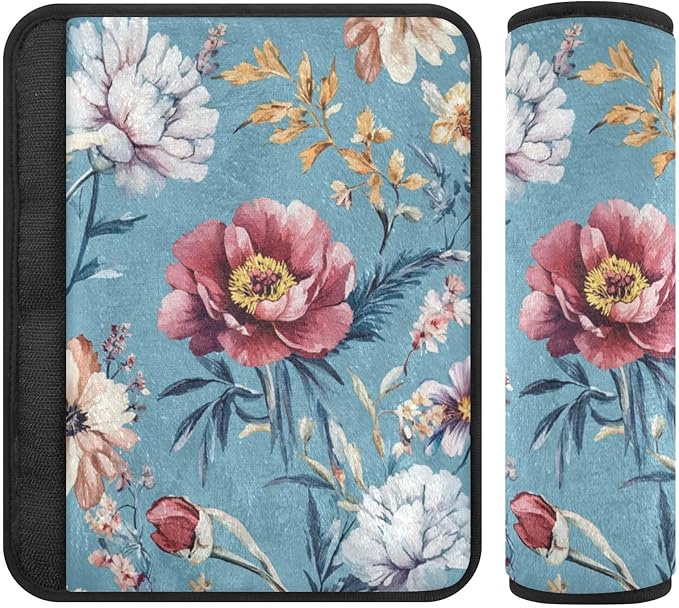 Car Seat Belt Pads Covers Set of 2 Soft Car Safety Seat Belt Strap Shoulder Pad for Adults and Kids M Autumn Flowers Peonies Osteospermum Gladiolus
