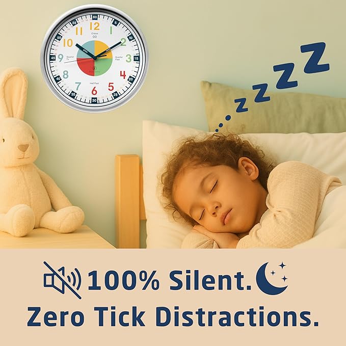 OWLCONIC Clock for Kids – Educational Analog Learning Wall Clock, Non Ticking Teaching Clock for Classroom & Homeschool, Silent Kids Bedroom Décor Multicolor