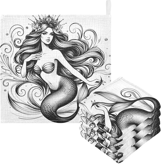 Bolaz Washcloths Set Bathroom Kitchen Wash Cloths Face Towels Wipes Mermaid Sketch Decorative 12x12 Inch 5 Pack