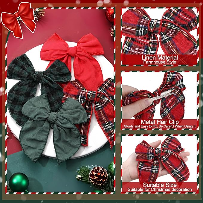 Large Christmas Hair Bows, 4 Pcs Red Green Plaid Fable Hair Bows Cotton Christmas Hair Accessories for Girls Toddler Kids