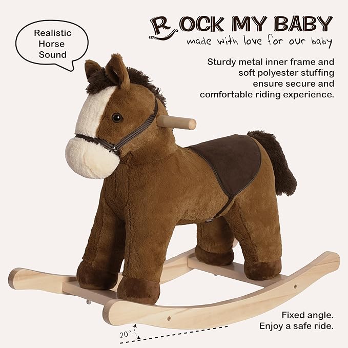 Rock My Baby Rocking Horse, Dark Brown Horse Rocker for Toddlers 18M+, Plush Ride on Horse Toy with Realistic Sound,Soft Stuffed Filling, CPC Certified
