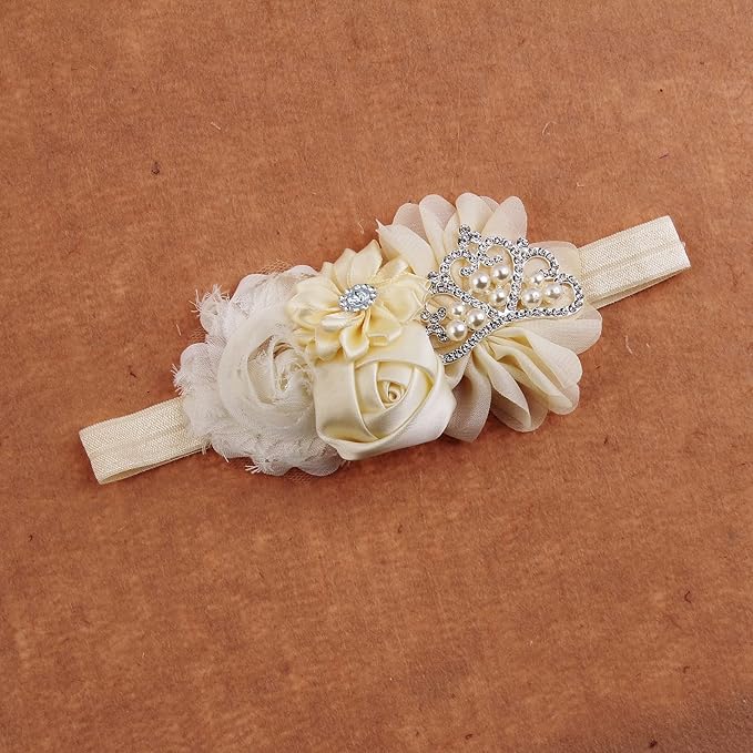 Nishine Baby Christening Headband Toddler Girls Fabric Flower Headband Tiara Stretchy Elastic in Pairs (Child, Ivory/Dusty pink)
