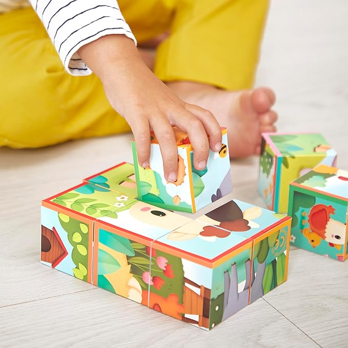 Janod - Farm-Themed Cardboard Puzzle Cubes for Toddlers (9 Cubes, 6 Puzzles) - Entertaining Toddlers During Travel - Enhances Fine Motor Skills - Lightweight and Safe - Educational and Fun