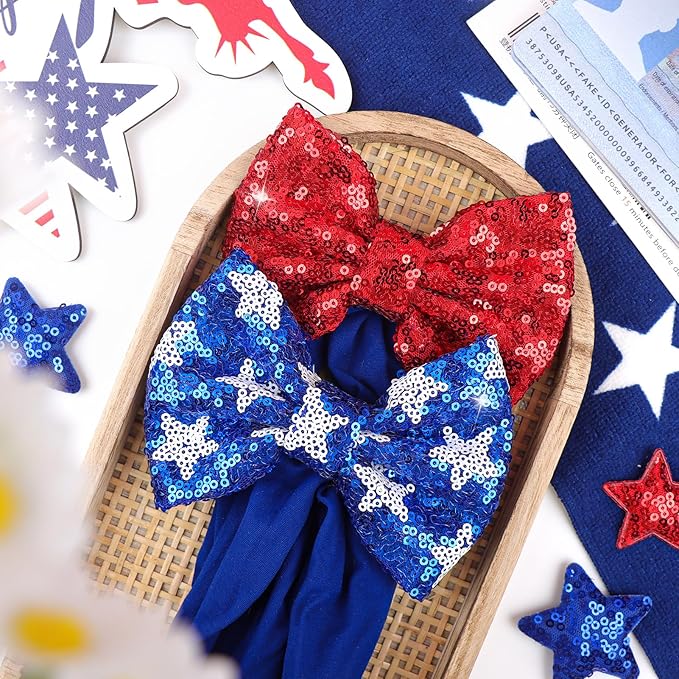 4th of July Red Blue Headband Sequin Bows Glitter Hair Bow for Girls Toddler Patriotic Star Headband Accessories Infant