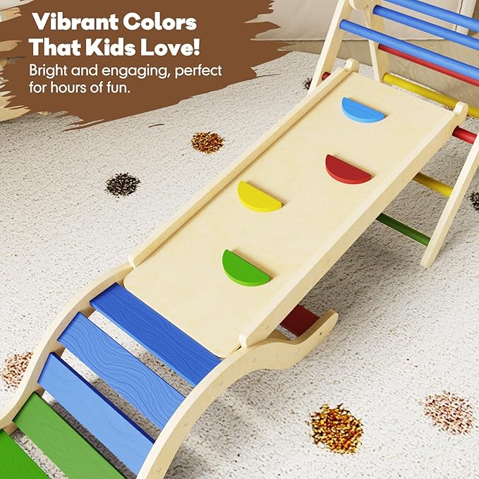 doowroodni Pikler Triangle Set 7in1 Toddler Climbing Toys Indoor Foldable Baby Climbing Toys Wooden Montessori Climbing Set with Arch, Ramp, Ladder for 1-3 Years, Jungle Gym for Kids Colored