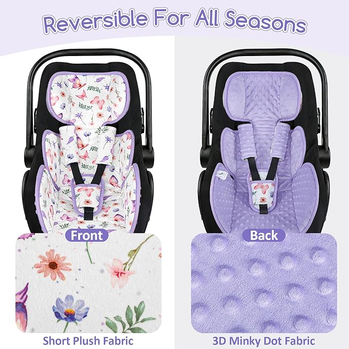 Infant Car Seat Insert with 3 Straps Covers, Ultra-Thick Baby Car Seat Head Support for Side Impact Protection, Minky Dot Baby Car Seat Cushion, Universal Purple Carseat Head Support for Newborn