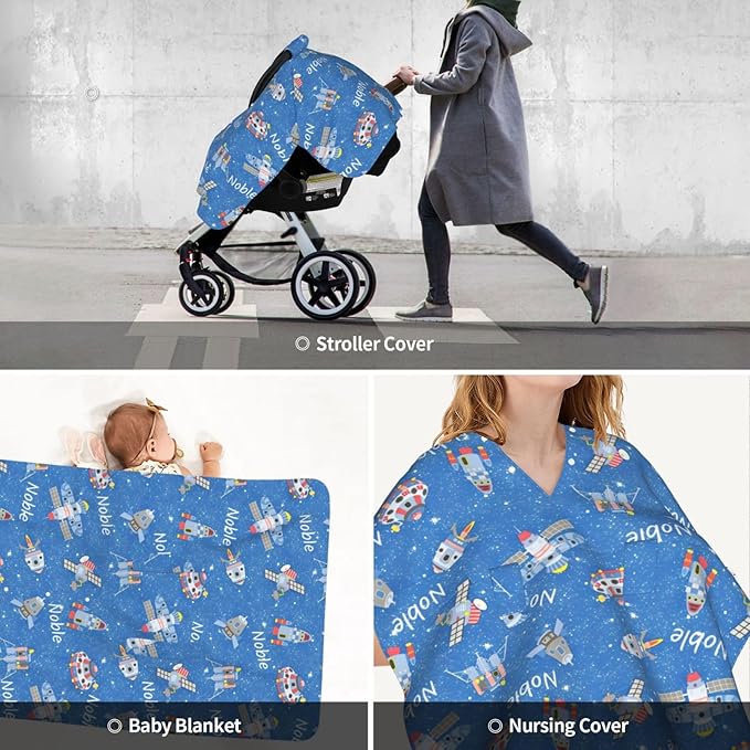 Personalized Baby Car Seat Canopy for Babies with Name, Custom Space Stroller Car Seat Covers for Boys Girls, Nursing Carseat Cover for Breastfeeding, Car Seat Canopies for Infant Newborn