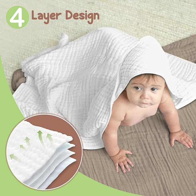 100% Organic Cotton Muslin Baby Hooded Towels - 32x32 Inch, 2 Pack Newborn Bath Towels for Boys & Girls, Soft & Absorbent Bath Set (White)