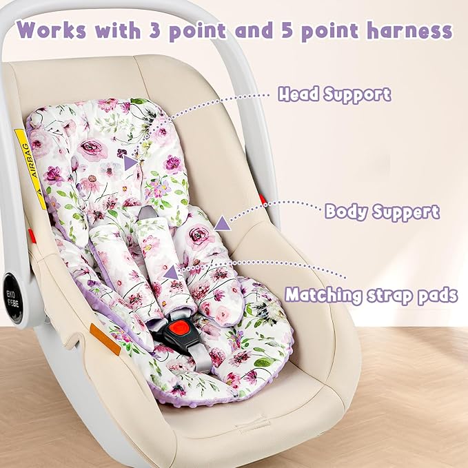 Infant Car Seat Insert Head and Body Support, GFU Reversible Newborn Insert for Carseat With Strap Pads, Soft Stroller Cushion Pillow Insert for Boys and Girls, Fits for Stroller, Swing, Purple Flower