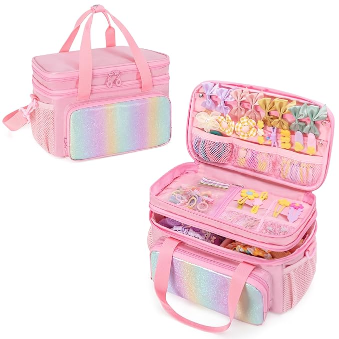GRAOSO Hair Bow Organizer for Baby Girls, Double Layer Hair Accessories Storage Bag, Rainbow Sequins Design, with Handle and Detachable Shoulder Strap (Case only) (Pink)