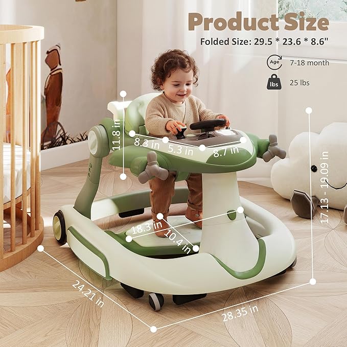 Todefull 7-in-1 Baby Walker with Wheels, Anti-Slip Base, Speed Control, 3 Level Adjustable Height with Music & Lights Box, Foldable Walkers for Babies 6-12 Months, Boys & Girls