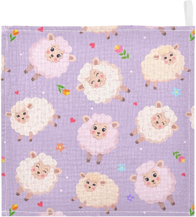 Vvfelixl Muslin Washcloths - Charming Sheeps Baby Burp Cloths, Cotton Face Towel for Newborn Infants, Boys, Girls - Soft and Absorbent, 11.8 X 11.8In, 3 Pack