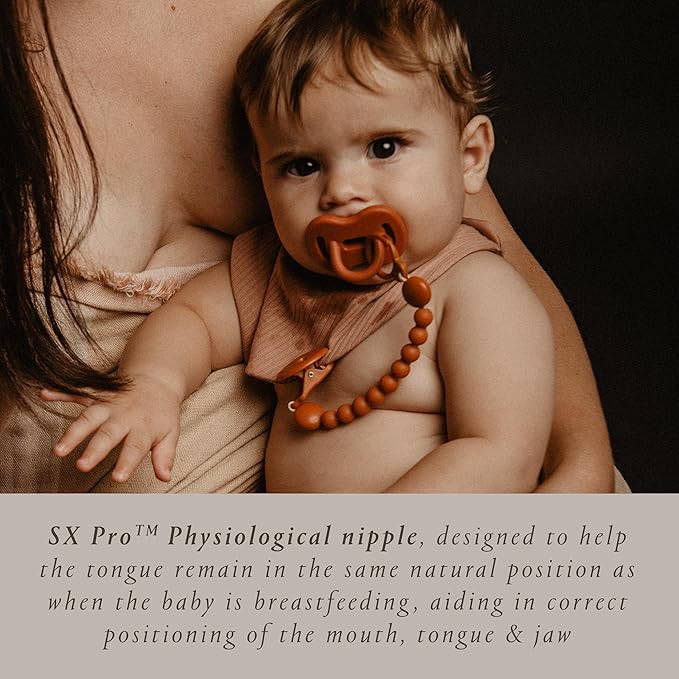 Color Essence SX PRO Silicone Baby Pacifier 2Pk, Made with 100% Soft Silicone, Baby Essentials Perfect for Breastfeeding Babies, Designed in Spain, 6-18 Mths, Nude/Orange