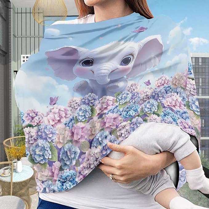 GIFTPUZZ Catoon Elephant Car Seat Cover for Babies, Nursing Cover, Soft Breathable Infant Carseat Canopy, Universal Nursing Cover Grocery Cart Cover, Stroller Cover for Infant Babies