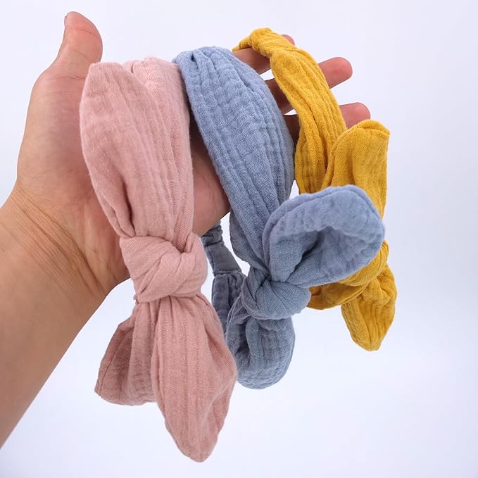 Sugarmelon Original Cotton Gauze Headband for Newborn Toddler Infant Baby Girl Kids Muslin Cotton Hair Bow Headbands Turban Elastic Hair Bands (6 pcs Knot Headband)