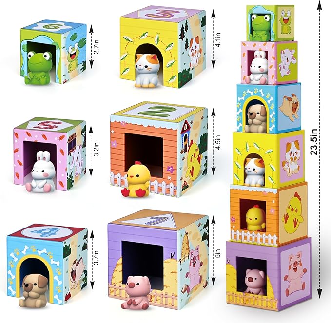 ShyLizard Toddler Farm Animal Sorting and Stacking Toys, Nesting Boxes and Blocks With Finger Puppets - Gifts for 1-3 Year Olds