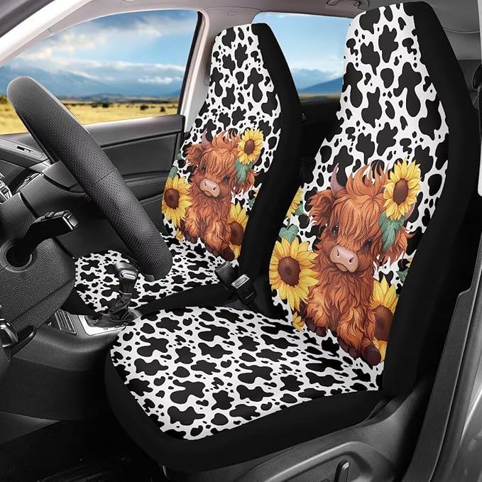 Cute Highland Cow Car Front Seat Cover, Women's Auto Car Seat Covers Protector Universal Car Interior Accessories Automobile Seat Cover for Most Cars Truck Van SUV, 2 Pack