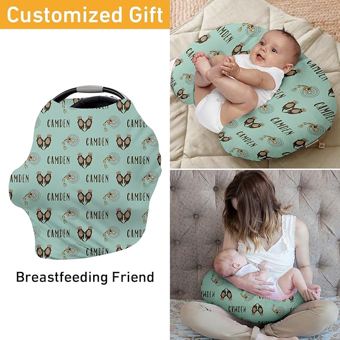 Personalised Infant Car Seat for New Parents - Baby Carseat Cover, Breast Feeding Cover, Green Otter Print Multi-Function pad for Boys Girls Toddlers - Christmas Gifts for Parent Babies(27"x29")