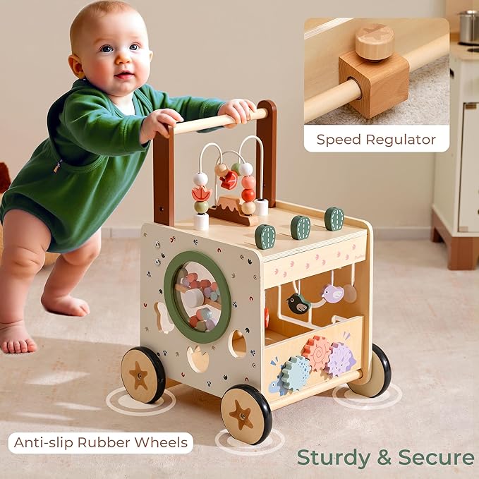 PairPear Wooden Activity Cube Push Walker, 6 in 1 Wooden Baby Walker Montessori Toys for Baby Boys & Girls 12M+, Adjustable Speed Push Cart with Brake Activity Center Toys Learning to Walk