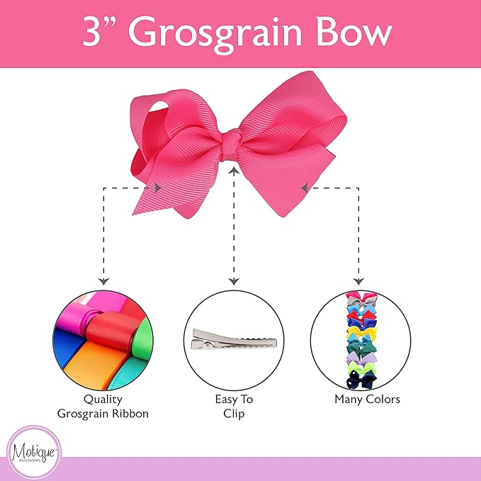 3 Inch Grosgrain Bow for Little Girls- Set of 2 (Pink)