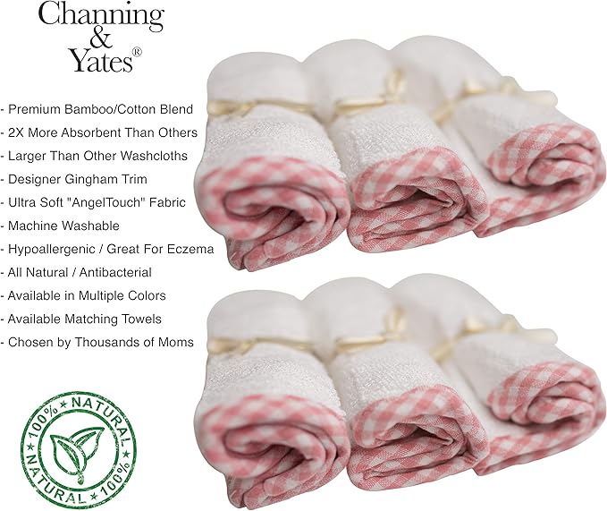 Channing & Yates Premium Hooded Baby Towel + (6 Piece) Washcloth Gift Bundle - Organic Viscose Made from Bamboo Baby Towels - (Pink Gingham Bundle)