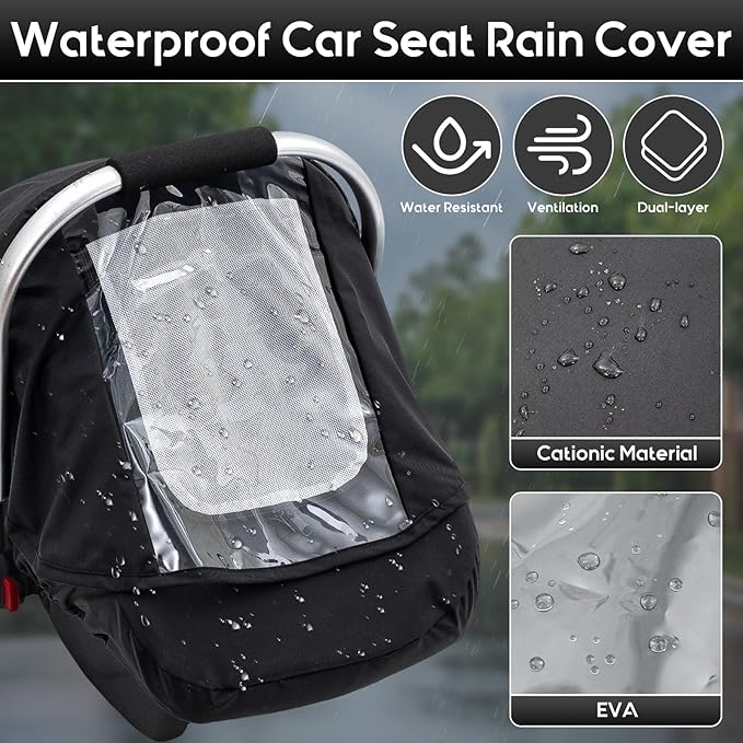 Waterproof Baby Car Seat Cover, Car Seat Rain Cover with Clear Window & Breathable Mesh, Universal Baby Carrier Cover with Support Rod to Prevent Collapse, Lightweight Weather Shield with Storage Bag