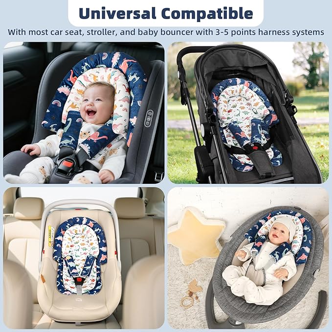 Baby Car Seat Head Support & Strap Covers, Upgraded 2-in-1 Infant Car Seat Insert Cushion for Newborn Girls, Perfect for Carseat, Stroller, Swing, Extra Soft, Dinosaur