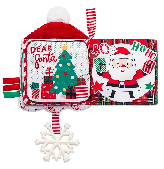 Soft Plush 5 inches Crinkle Activity Book with Teether, Satin Ribbons and Travel Strap, Santa Embroidery, Christmas Red