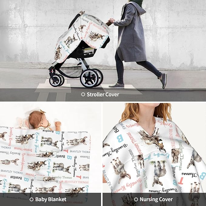 Custom Baby Car Seat Canopy Personalized Car Seat Covers with Name for Baby Boys Girls Customized Donkey Nursing Breastfeeding Cover Infant Carseat Canopies Newborn Minky Baby Blanket