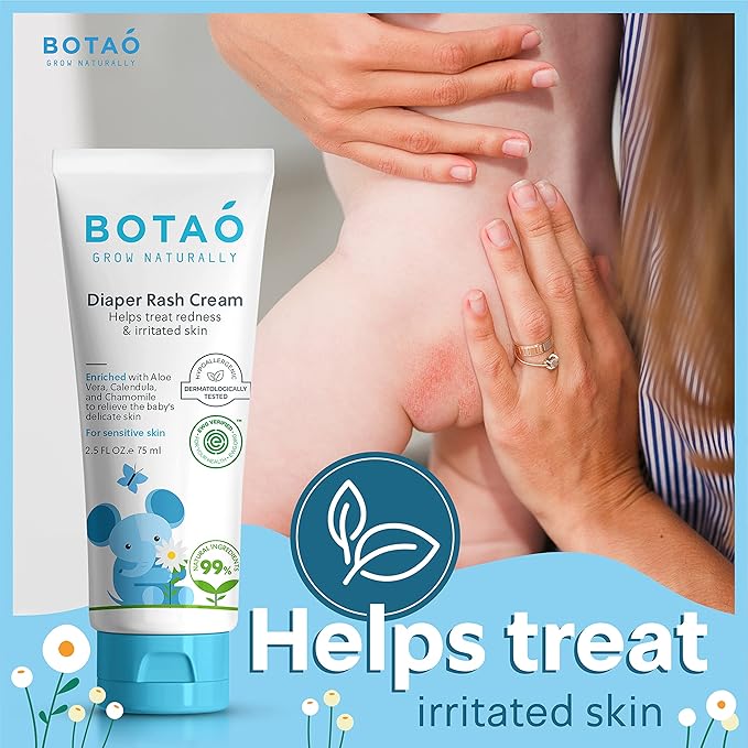 BOTAO Baby's Natural Diaper Cream | Organic Diaper Cream EWG Verified | Naturally Soothes Baby Rashes | Baby zinc Ointment Natural | For Sensitive Skin with Aloe Vera & Calendula, 2.5Oz (2 Pack)