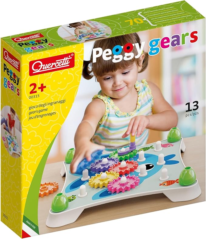 Quercetti: Peggy Gears - 13pc Interactive Cogwheel Construction Toy, Peg Board, 2-Sided Cards w/ 6 Scenes, Preschool Educational Play, Toddler-Kids 2+
