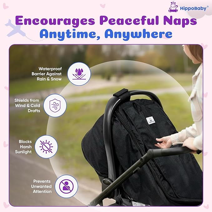 HippoBaby Waterproof Baby Car Seat Cover | Windproof Carseat Cover for Babies | Infant Car Seat Cover for Boys, Girls & carseat Covers Baby Girl | Universal Fit (Gray)